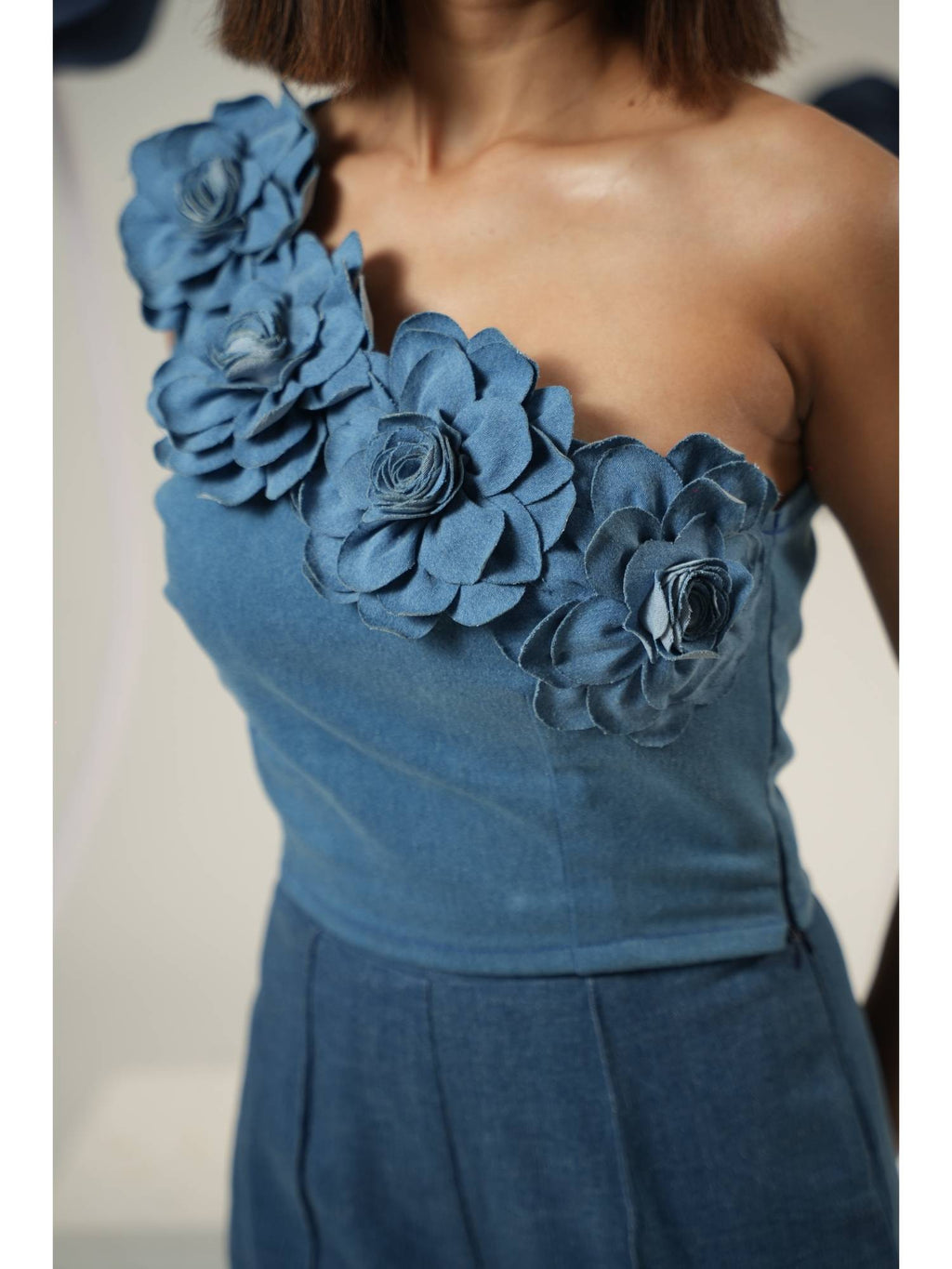 Blue Bloom One-Shoulder Denim Crop Top | CT61 - view 6