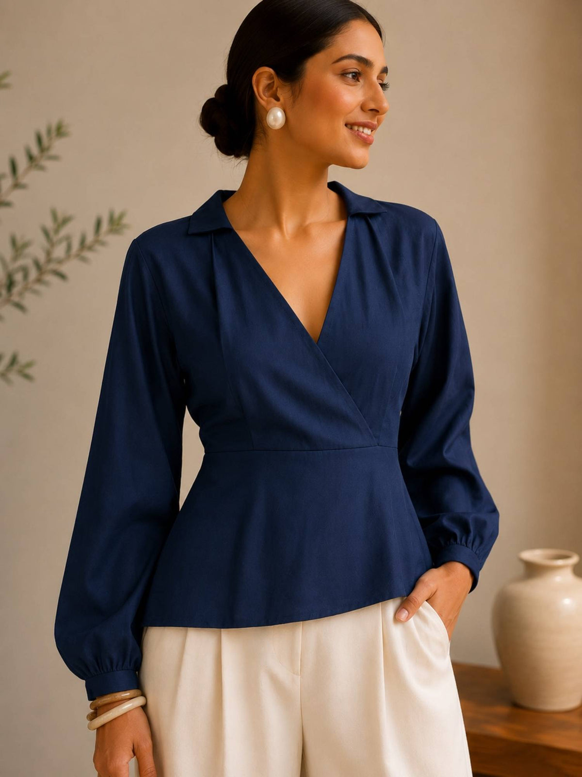 Navy Blue Elara Wrap Peplum Top | pt51 - view 1