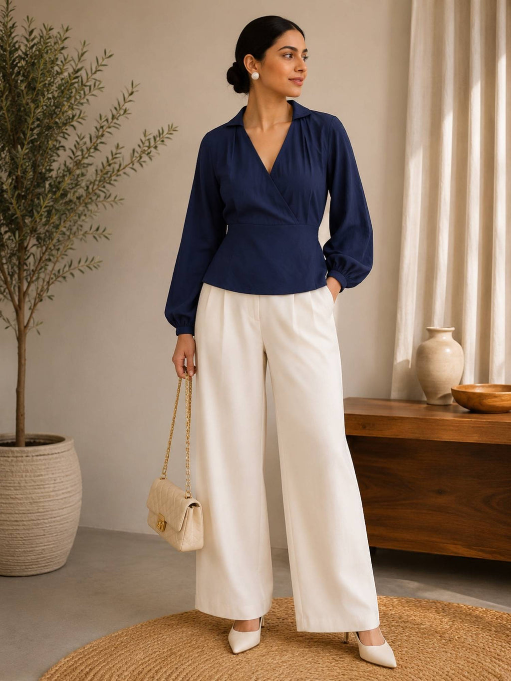Navy Blue Elara Wrap Peplum Top | pt51 - view 2