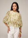 Cream Printed Round Neck Balloon Sleeves Ruffled Peplum Top | pt51 - view 1