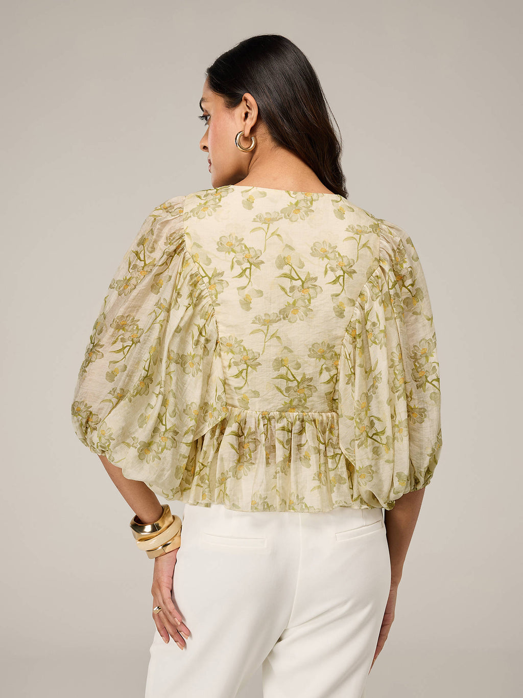 Cream Printed Round Neck Balloon Sleeves Ruffled Peplum Top | pt51 - view 2