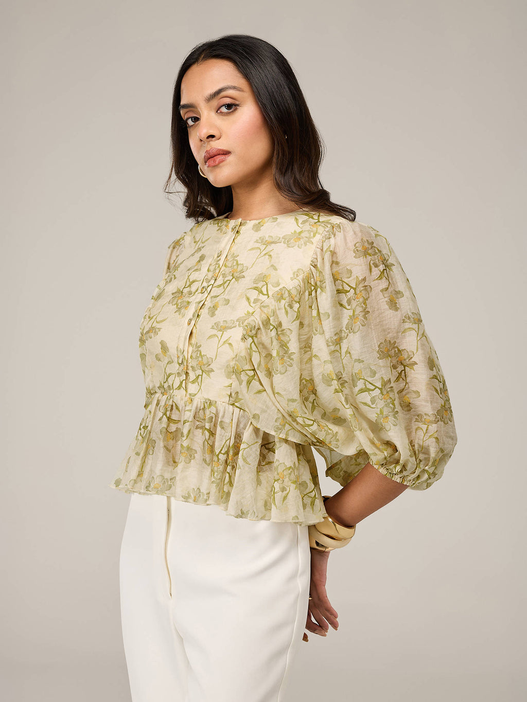 Cream Printed Round Neck Balloon Sleeves Ruffled Peplum Top | pt51 - view 3
