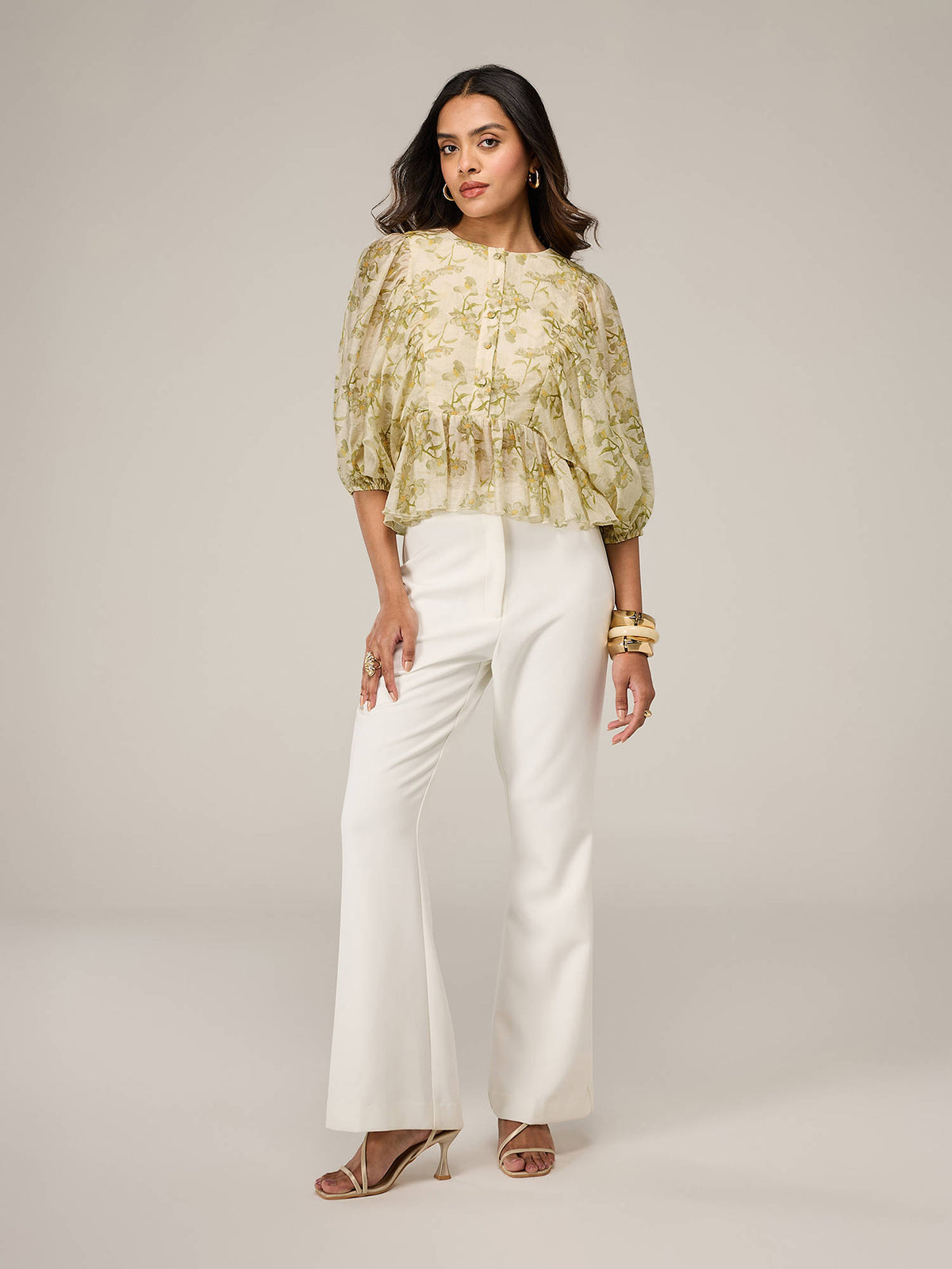 Cream Printed Round Neck Balloon Sleeves Ruffled Peplum Top | pt51 - view 4