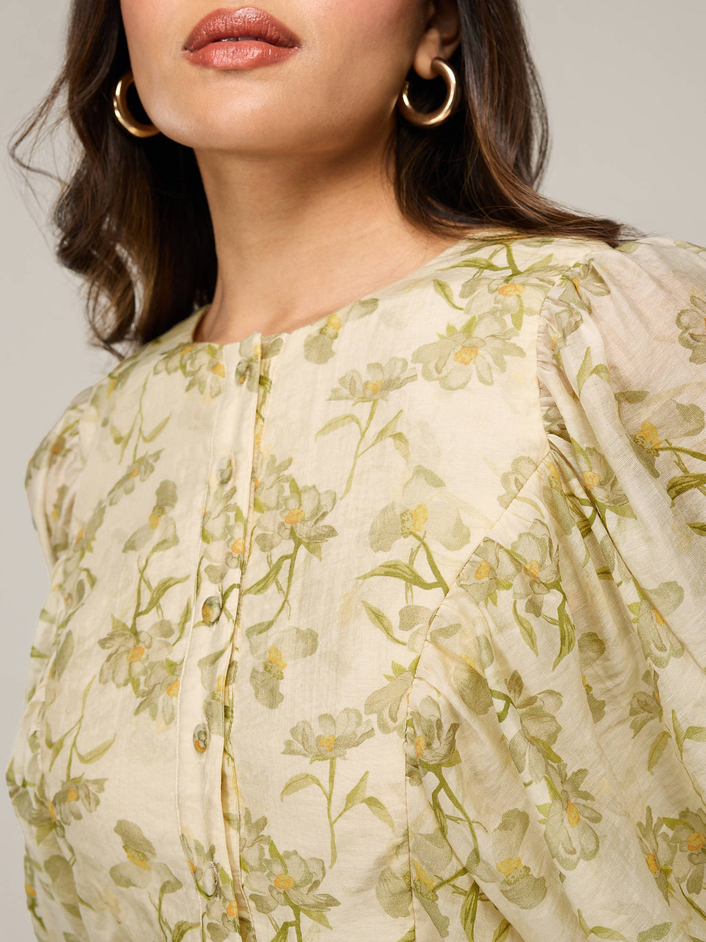 Cream Printed Round Neck Balloon Sleeves Ruffled Peplum Top | pt51 - view 5
