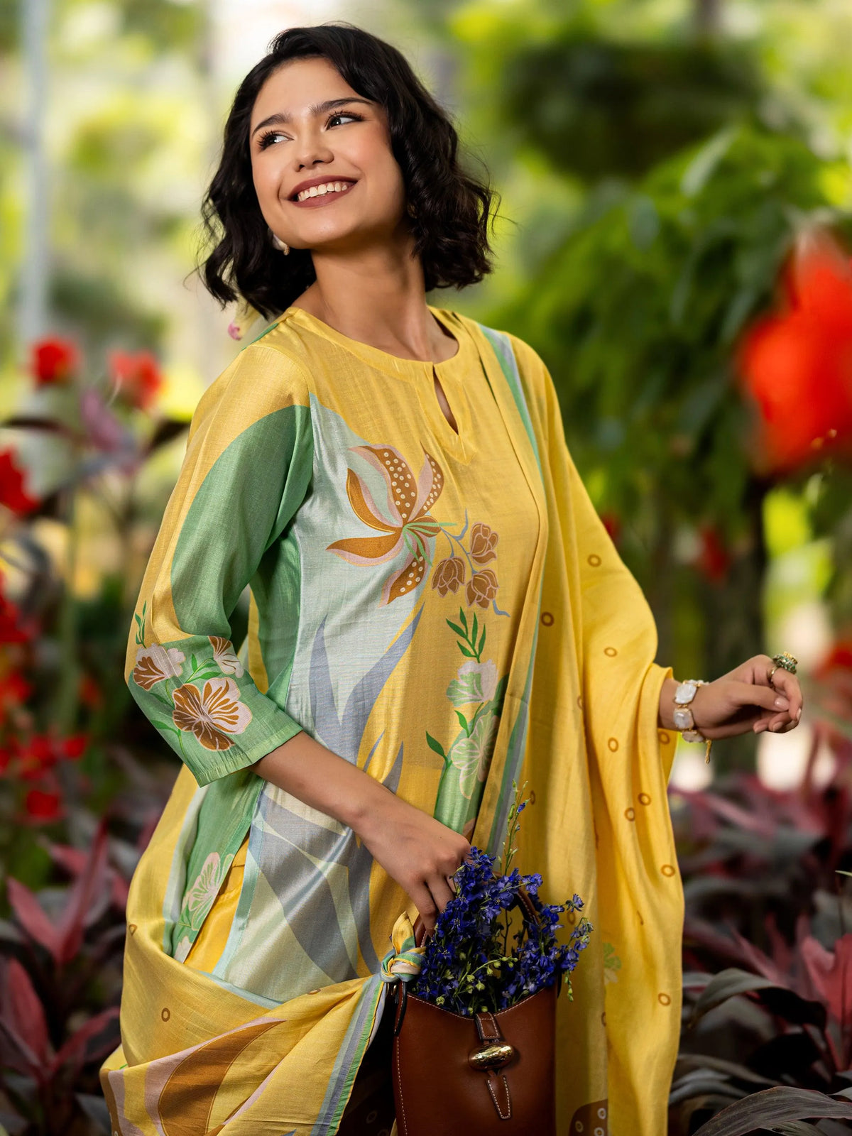 Libas Yellow Printed Silk Blend Straight Suit Set With Dupatta