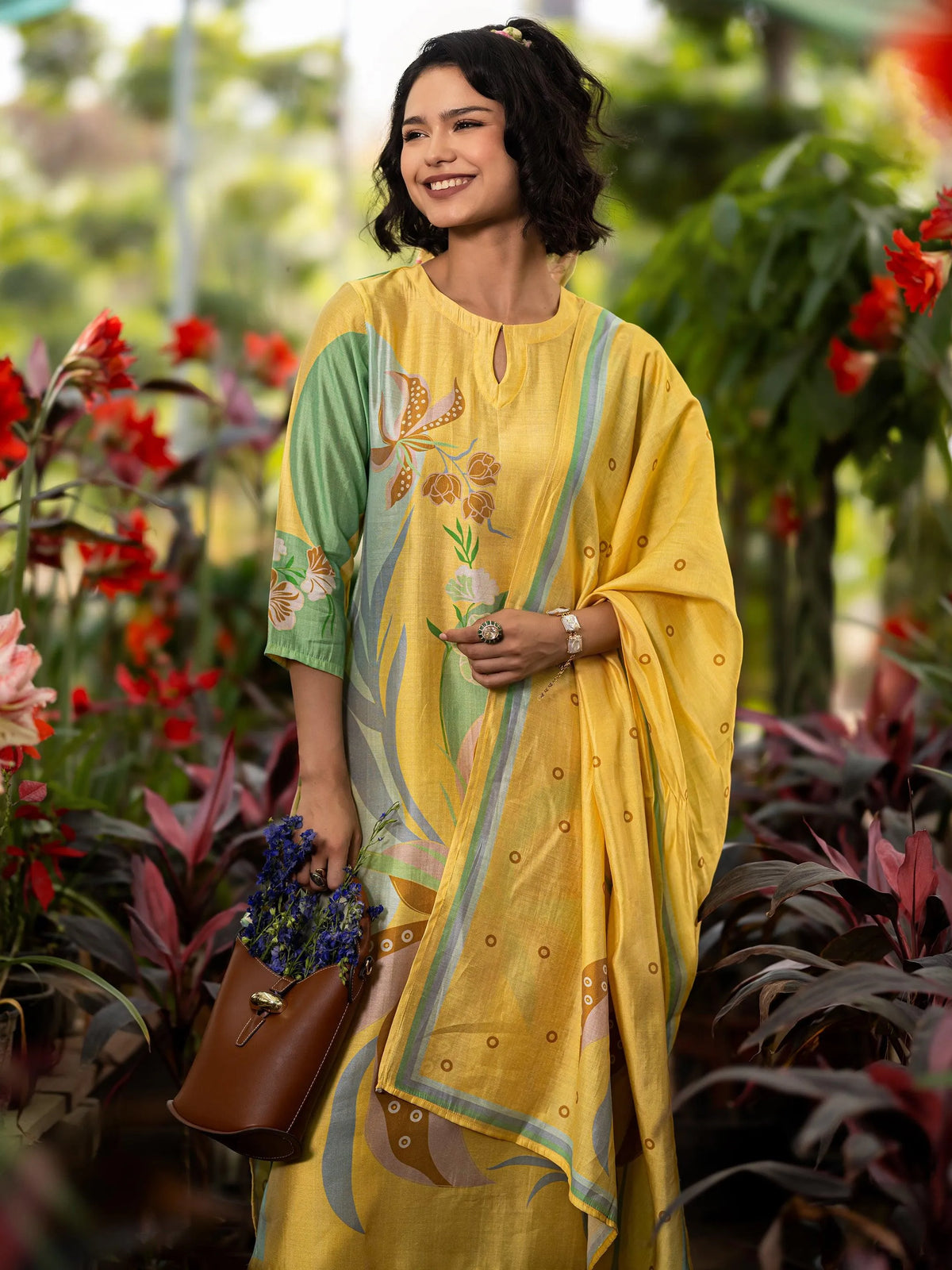 Libas Yellow Printed Silk Blend Straight Suit Set With Dupatta