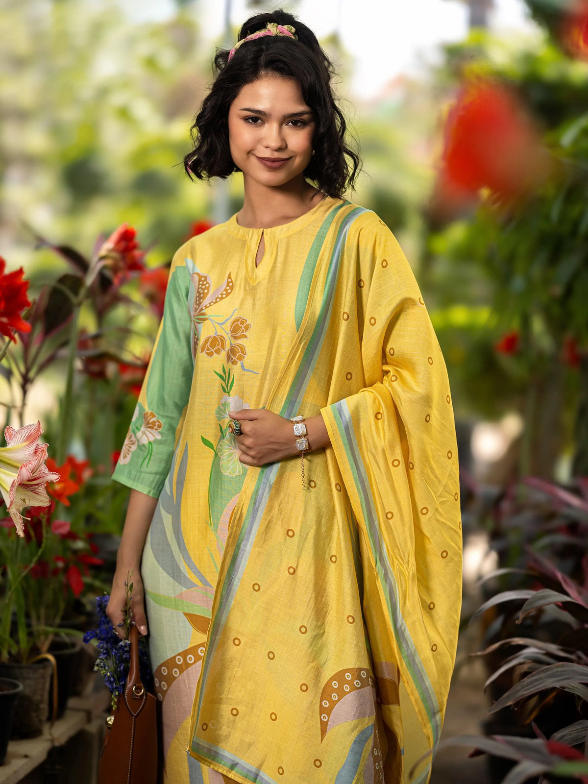 Libas Yellow Printed Silk Blend Straight Suit Set With Dupatta
