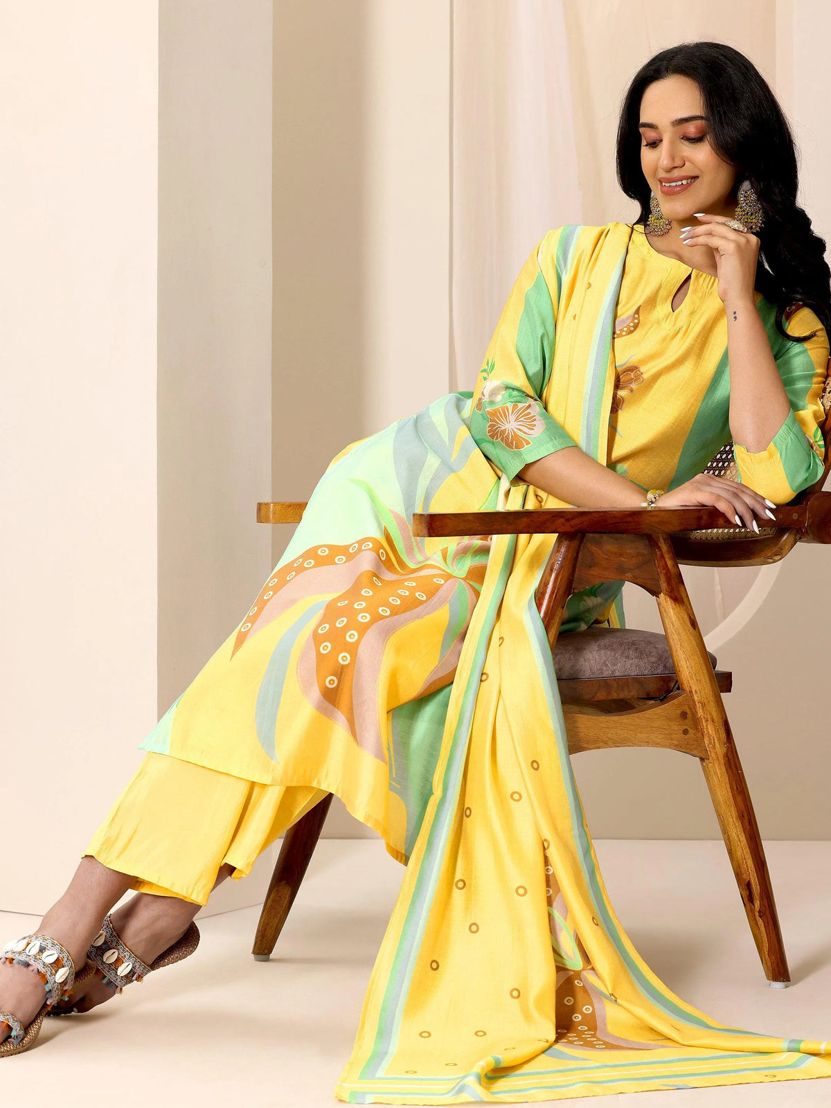 Libas Yellow Printed Silk Blend Straight Suit Set With Dupatta