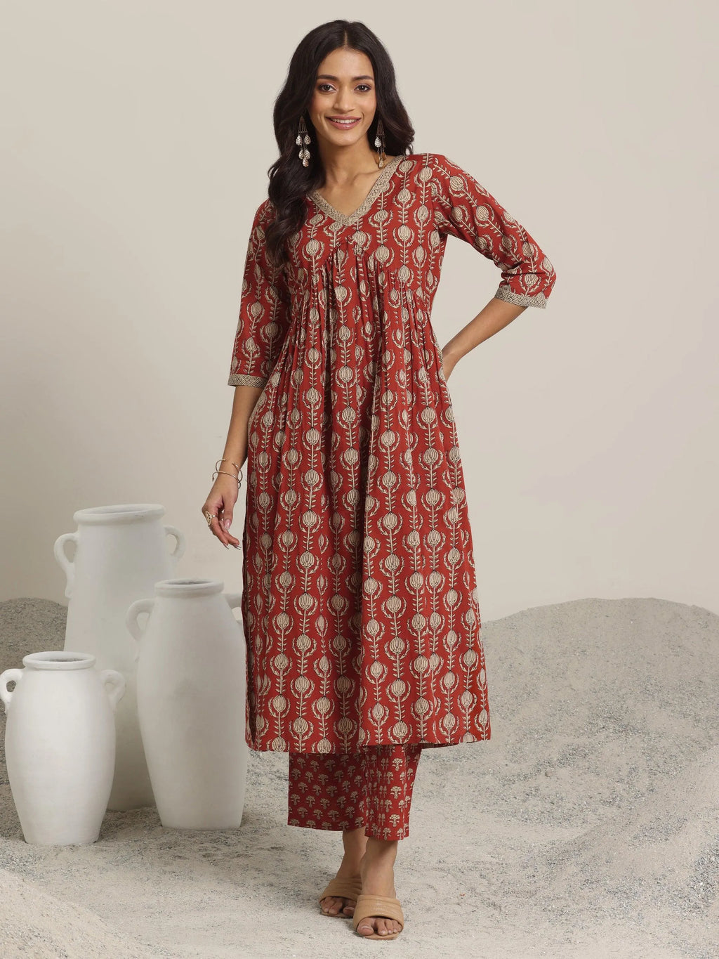 Libas Maroon Printed Cotton A-Line Kurta Set