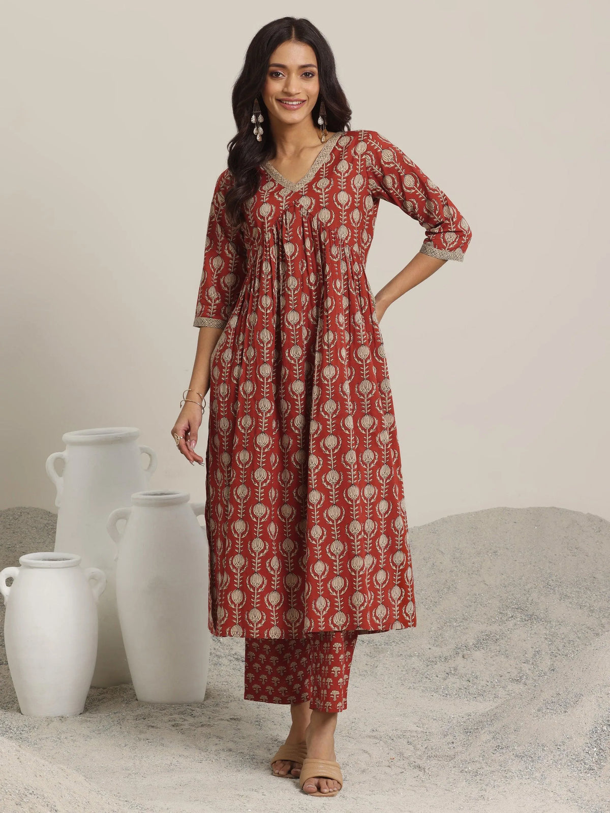 Libas Maroon Printed Cotton A-Line Kurta Set