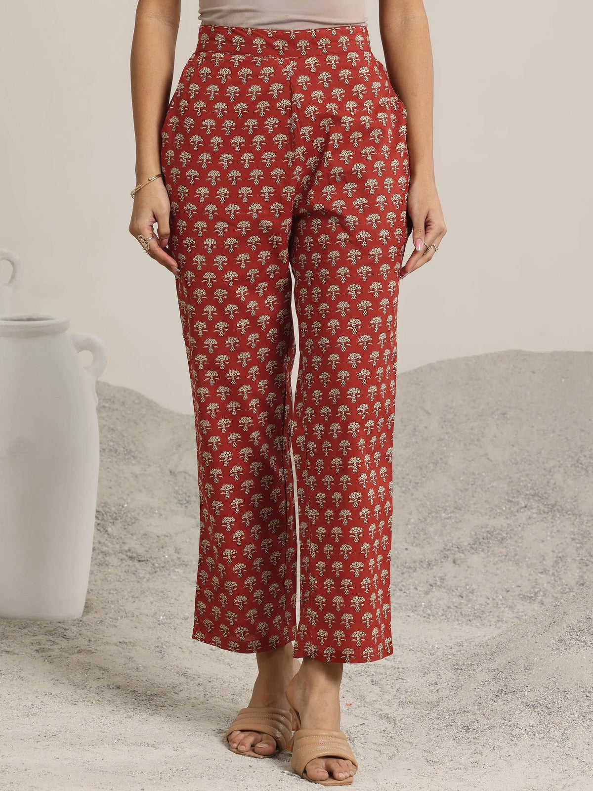 Libas Maroon Printed Cotton A-Line Kurta Set