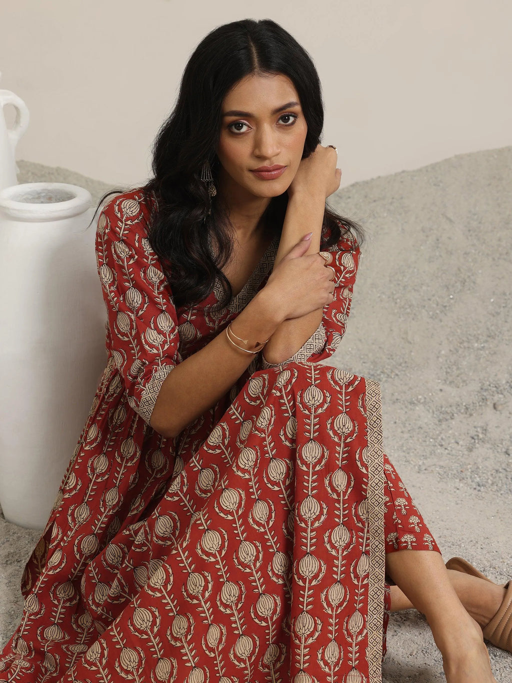 Libas Maroon Printed Cotton A-Line Kurta Set
