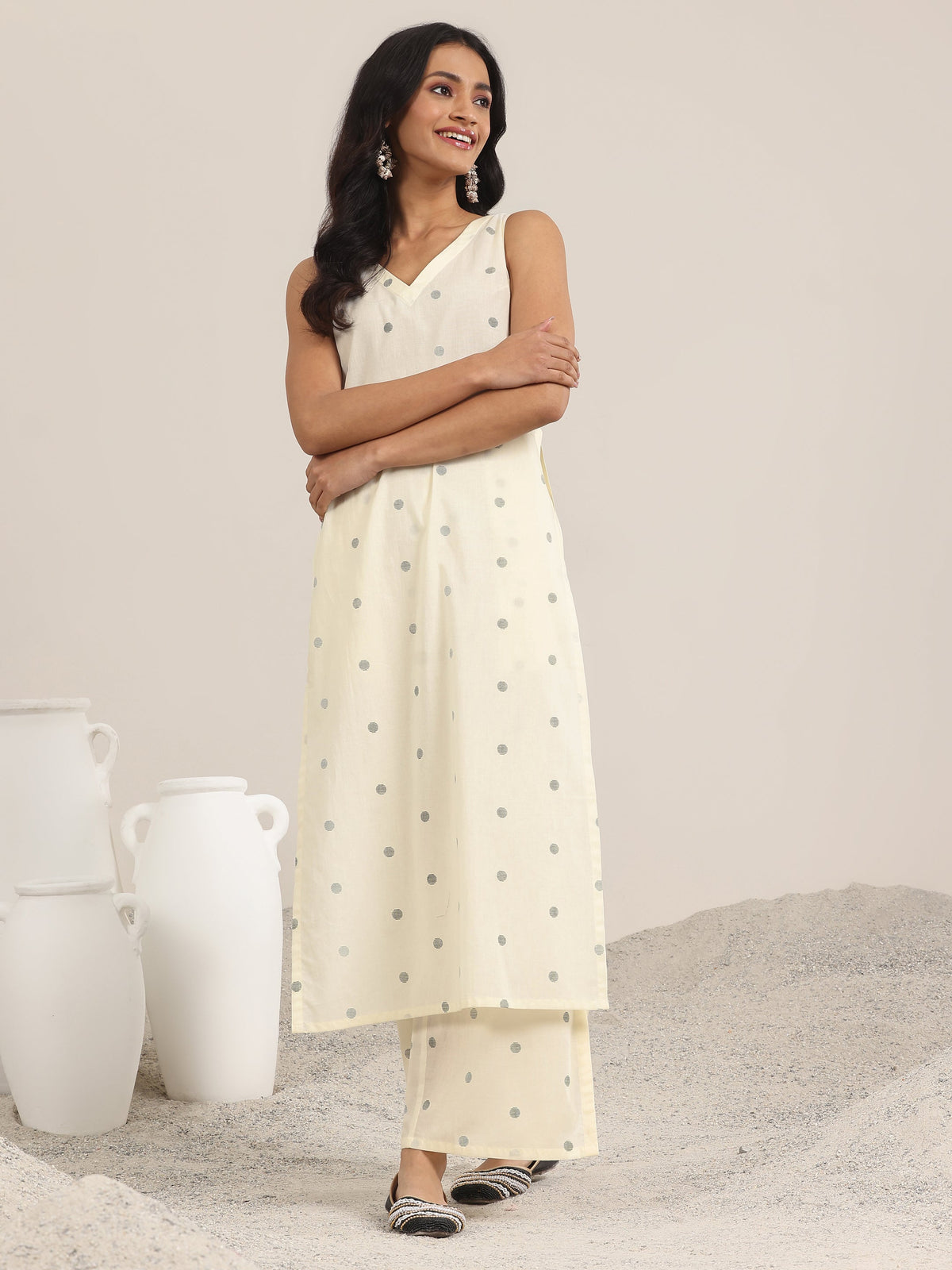 Gerua White Printed Cotton Blend Straight Kurta Set