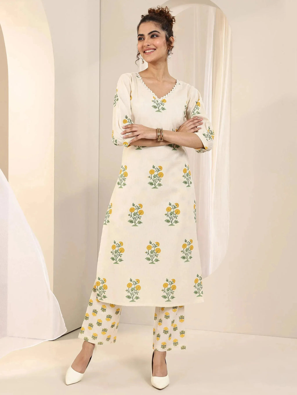Libas Off White Printed Cotton Straight Kurta Set