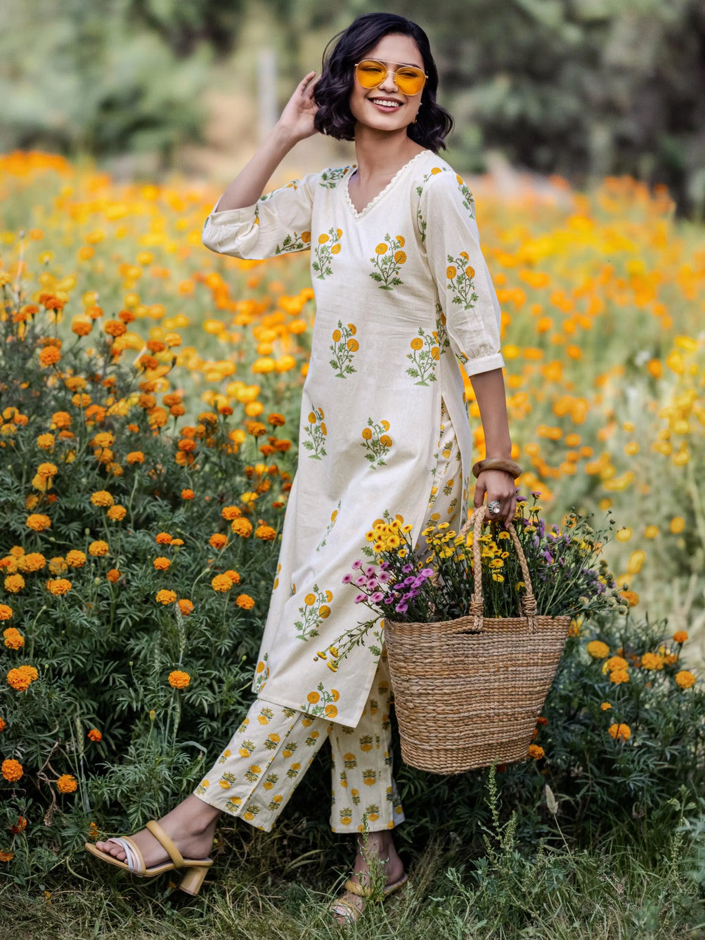 Libas Off White Printed Cotton Straight Kurta Set