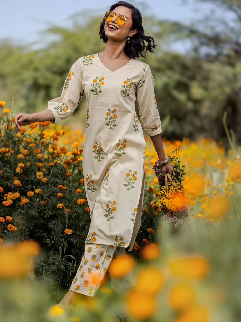 Libas Off White Printed Cotton Straight Kurta Set