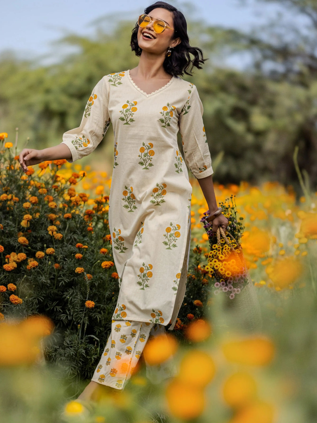 Libas Off White Printed Cotton Straight Kurta Set