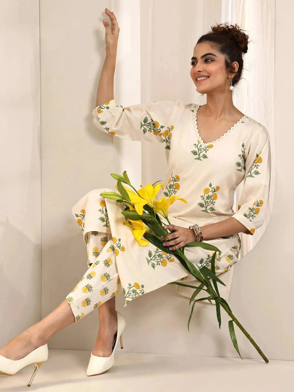 Libas Off White Printed Cotton Straight Kurta Set