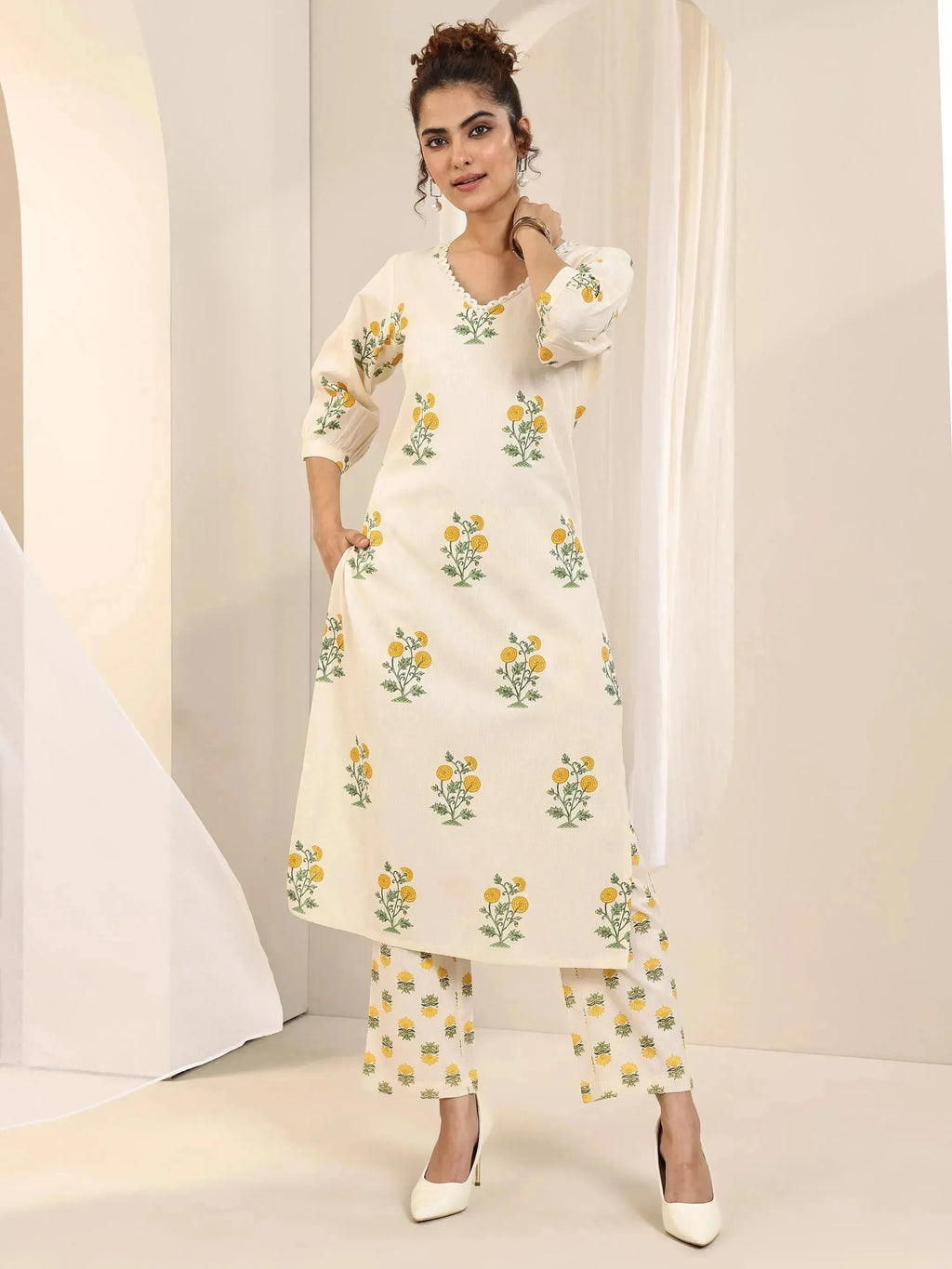 Libas Off White Printed Cotton Straight Kurta Set