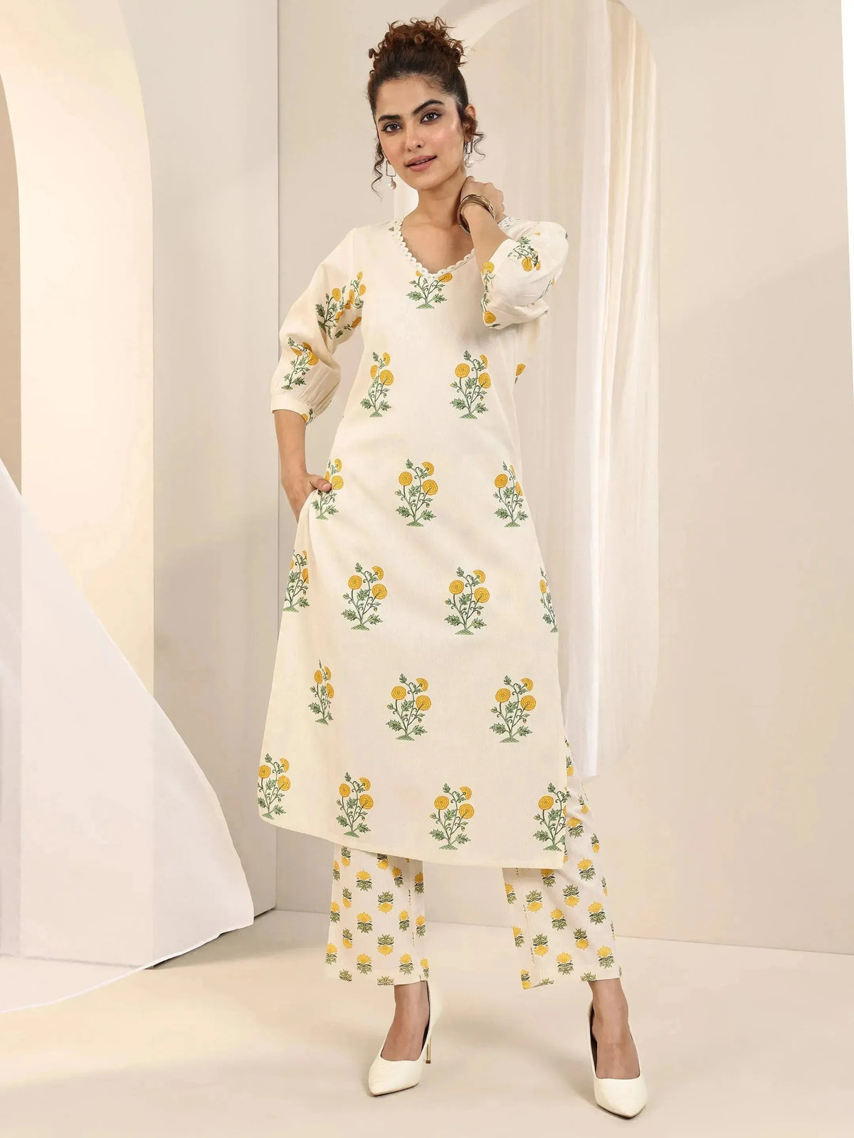 Libas Off White Printed Cotton Straight Kurta Set