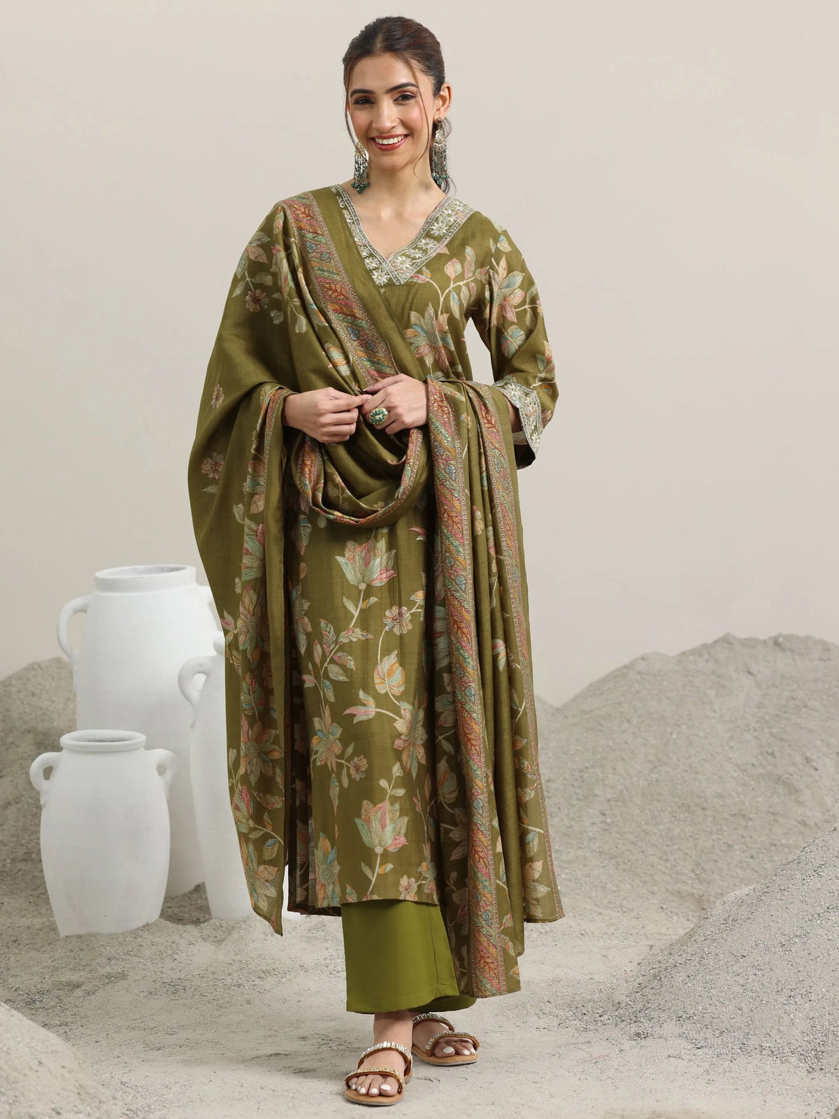 Libas Olive Printed Silk Blend Straight Suit With Dupatta