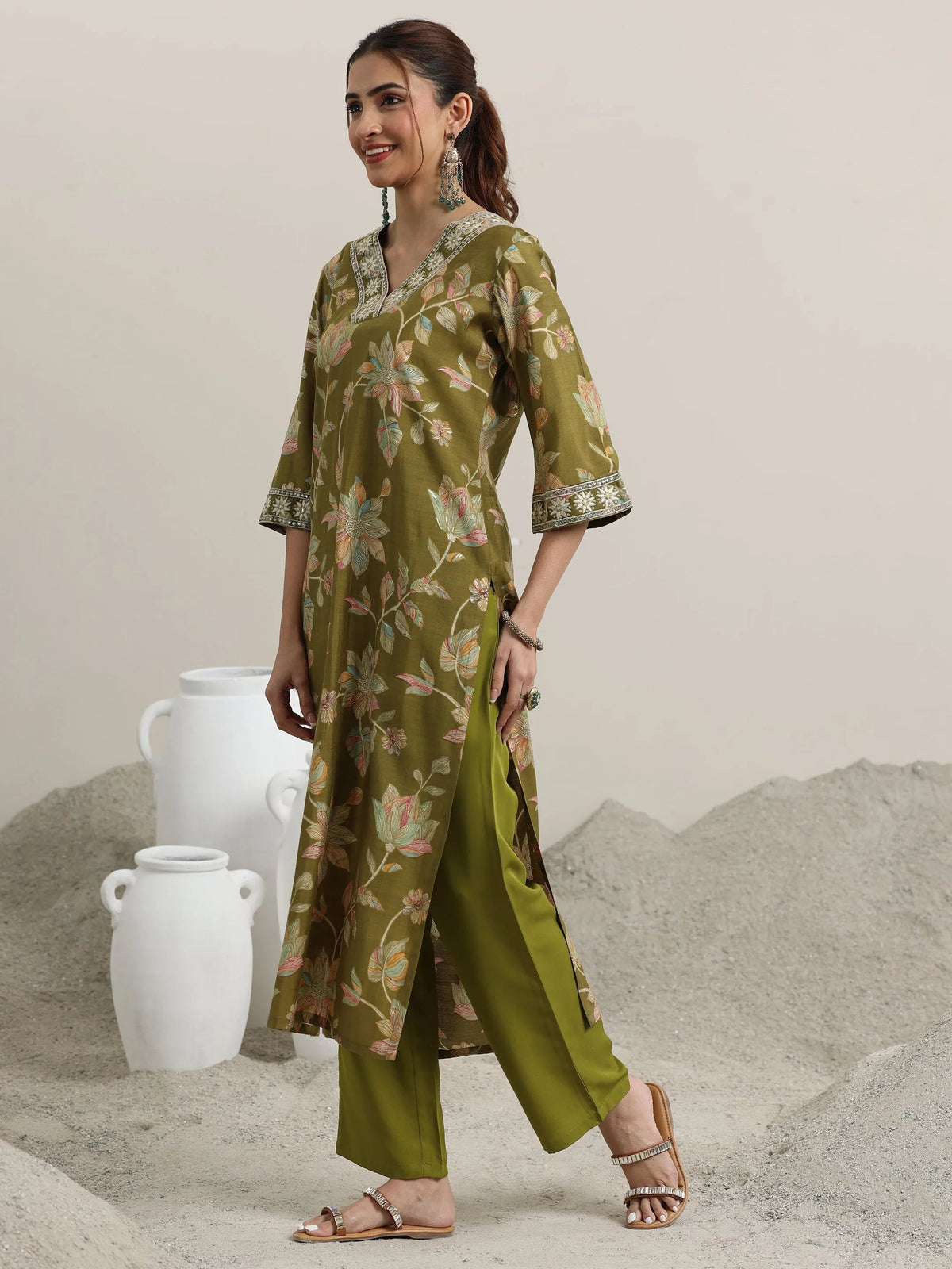 Libas Olive Printed Silk Blend Straight Suit With Dupatta