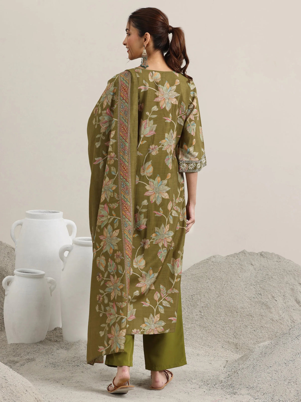Libas Olive Printed Silk Blend Straight Suit With Dupatta