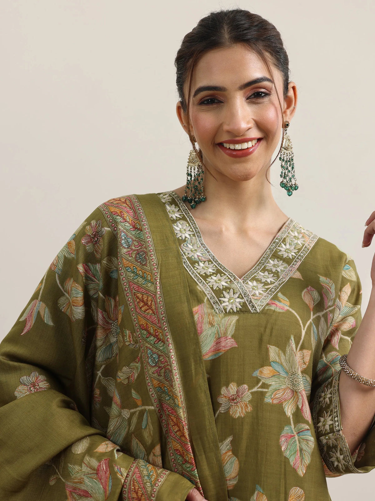 Libas Olive Printed Silk Blend Straight Suit With Dupatta