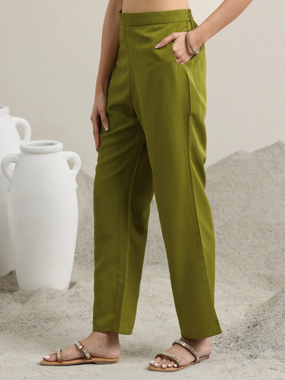 Libas Olive Printed Silk Blend Straight Suit With Dupatta