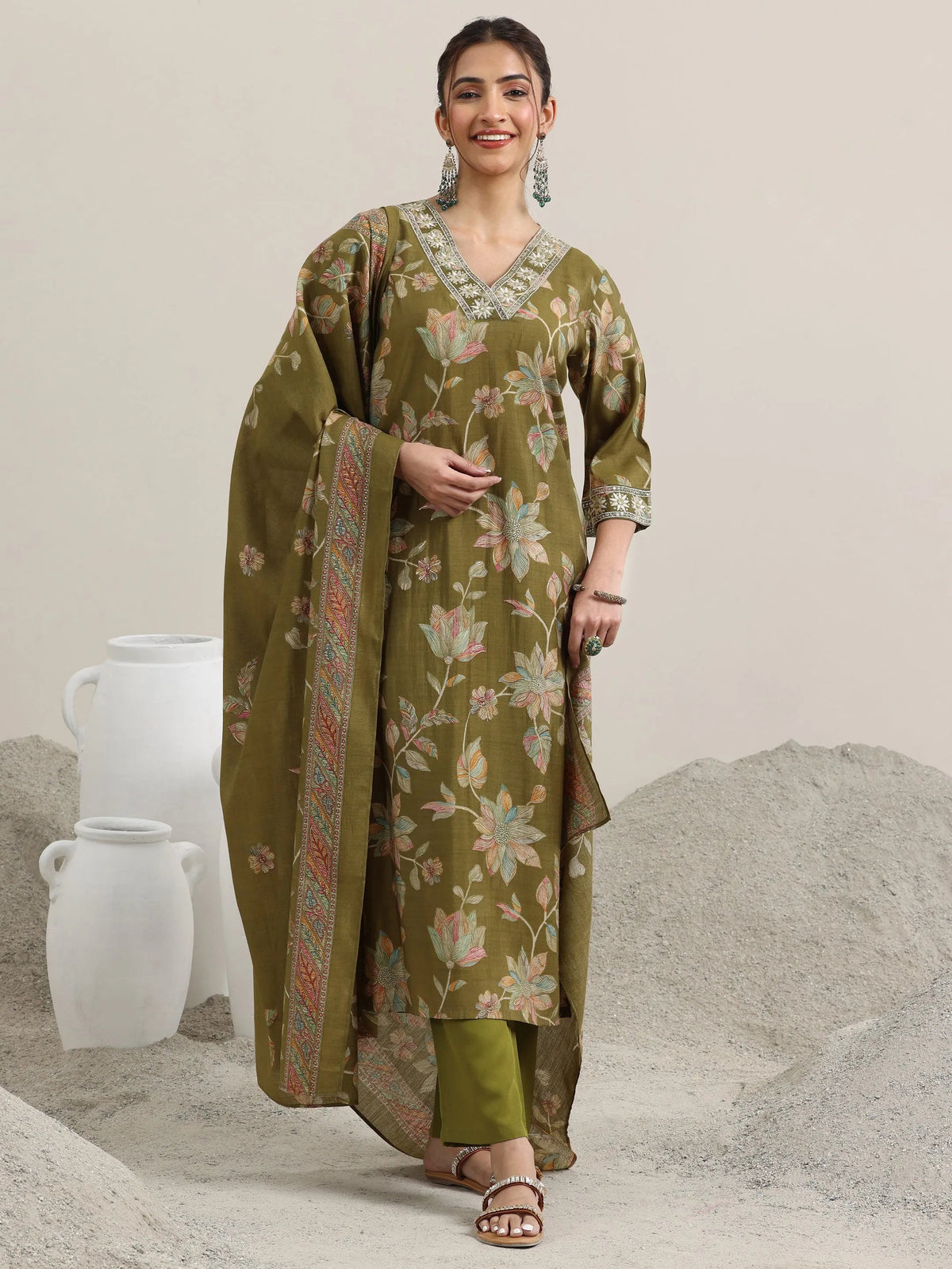 Libas Olive Printed Silk Blend Straight Suit With Dupatta