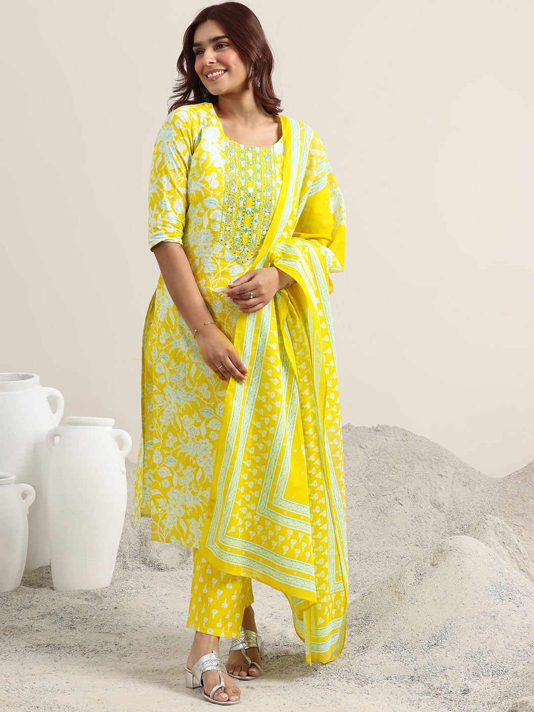Libas Yellow Printed Cotton Straight Suit With Dupatta