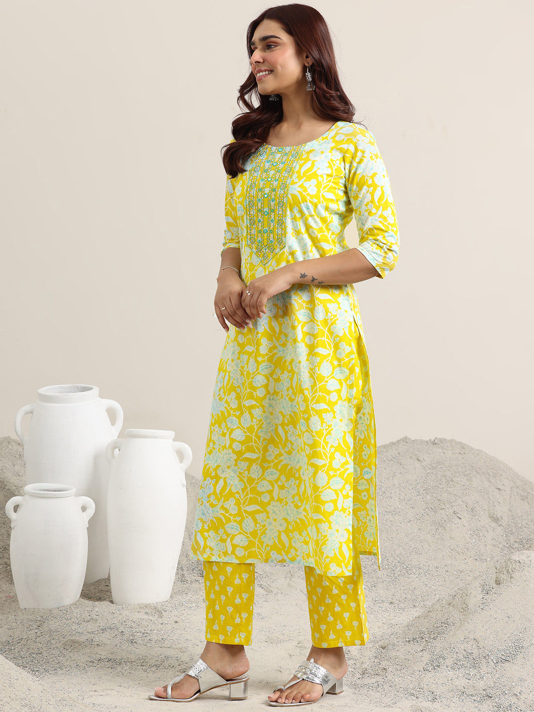 Libas Yellow Printed Cotton Straight Suit With Dupatta