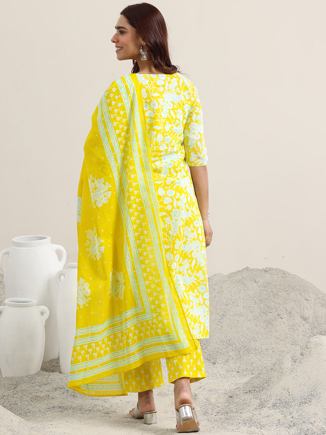 Libas Yellow Printed Cotton Straight Suit With Dupatta