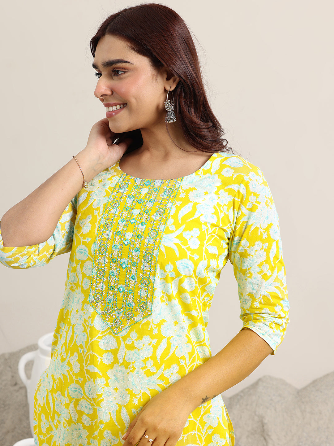 Libas Yellow Printed Cotton Straight Suit With Dupatta