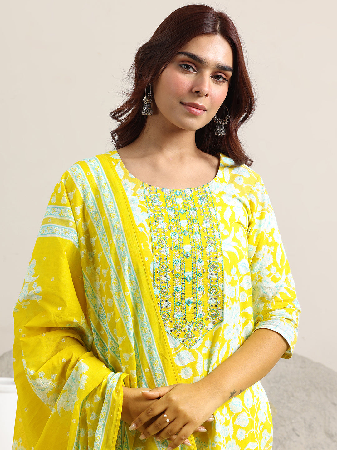 Libas Yellow Printed Cotton Straight Suit With Dupatta