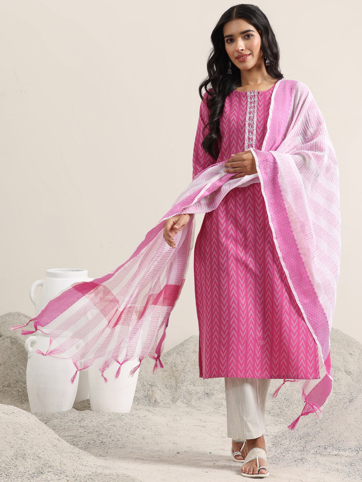 Libas Pink Woven Design Cotton Straight Suit With Dupatta