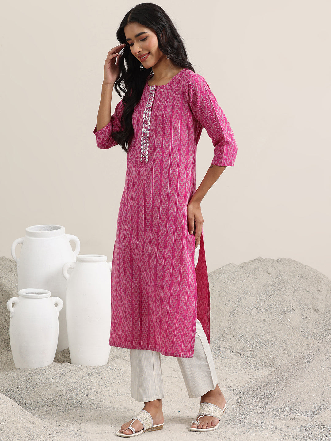 Libas Pink Woven Design Cotton Straight Suit With Dupatta