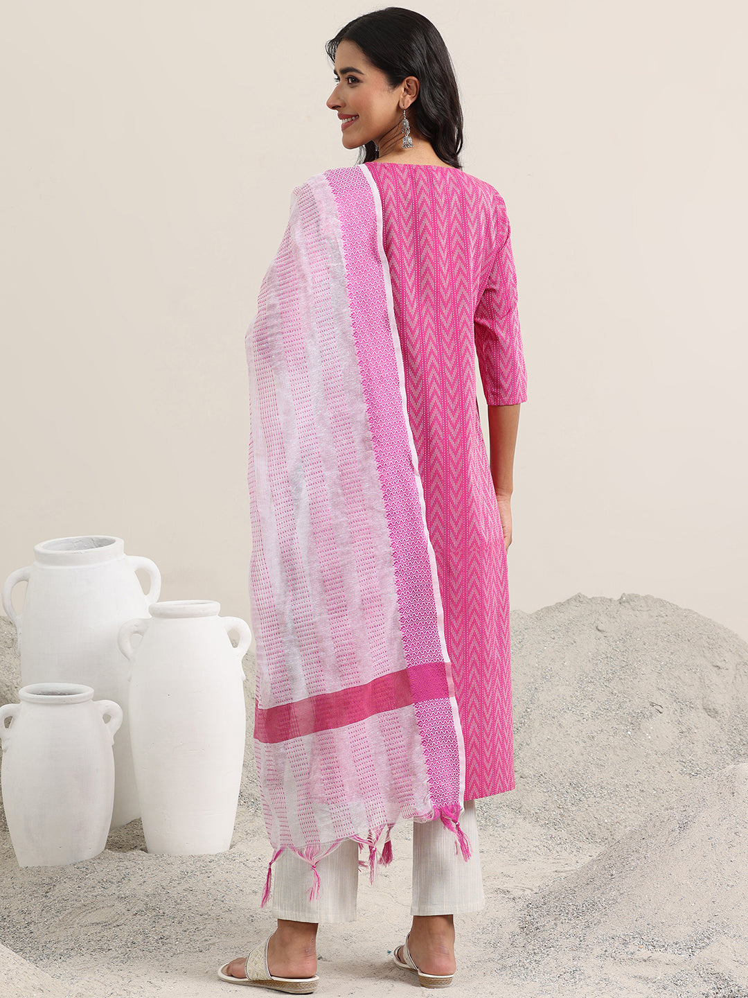 Libas Pink Woven Design Cotton Straight Suit With Dupatta