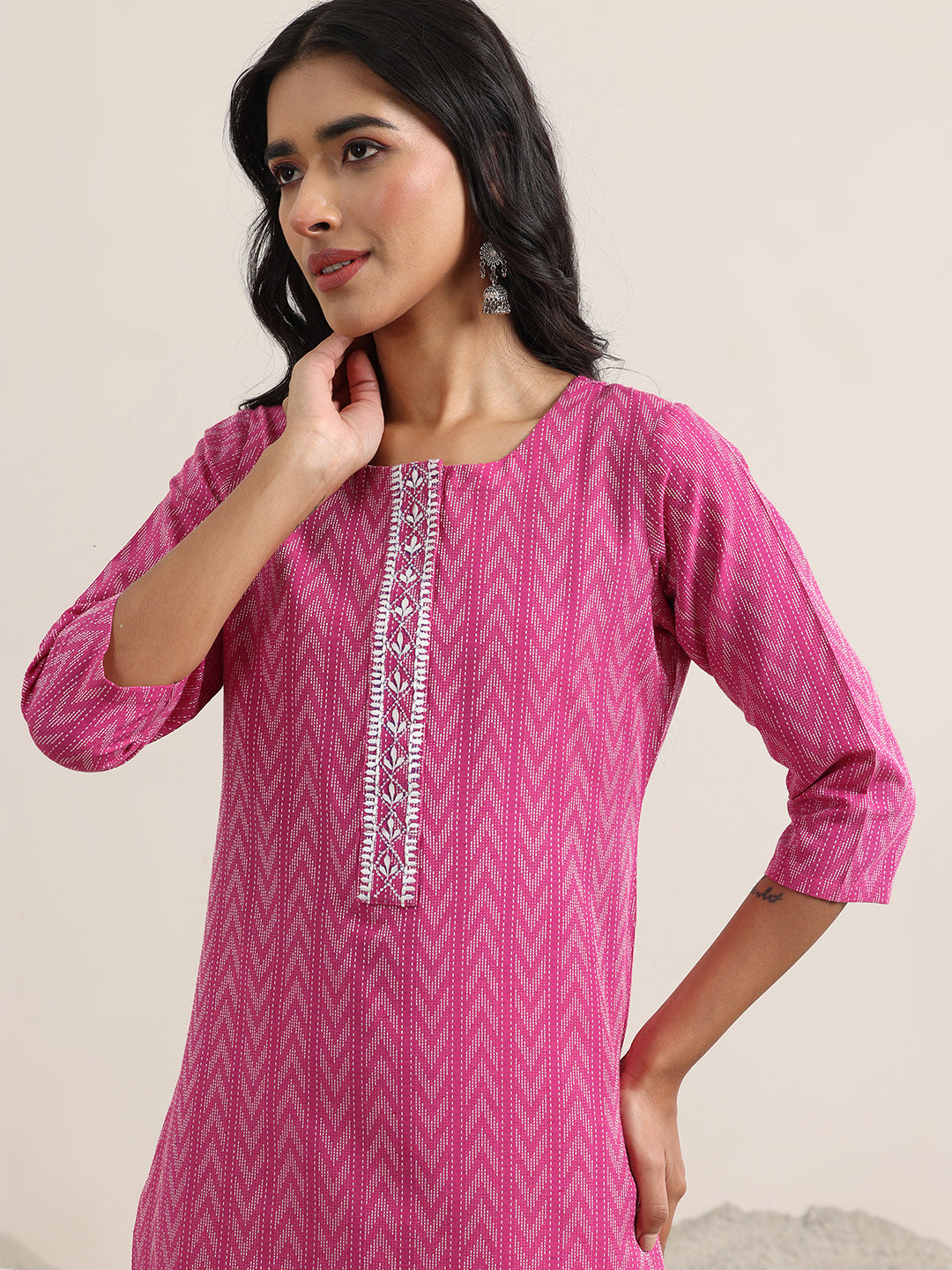 Libas Pink Woven Design Cotton Straight Suit With Dupatta