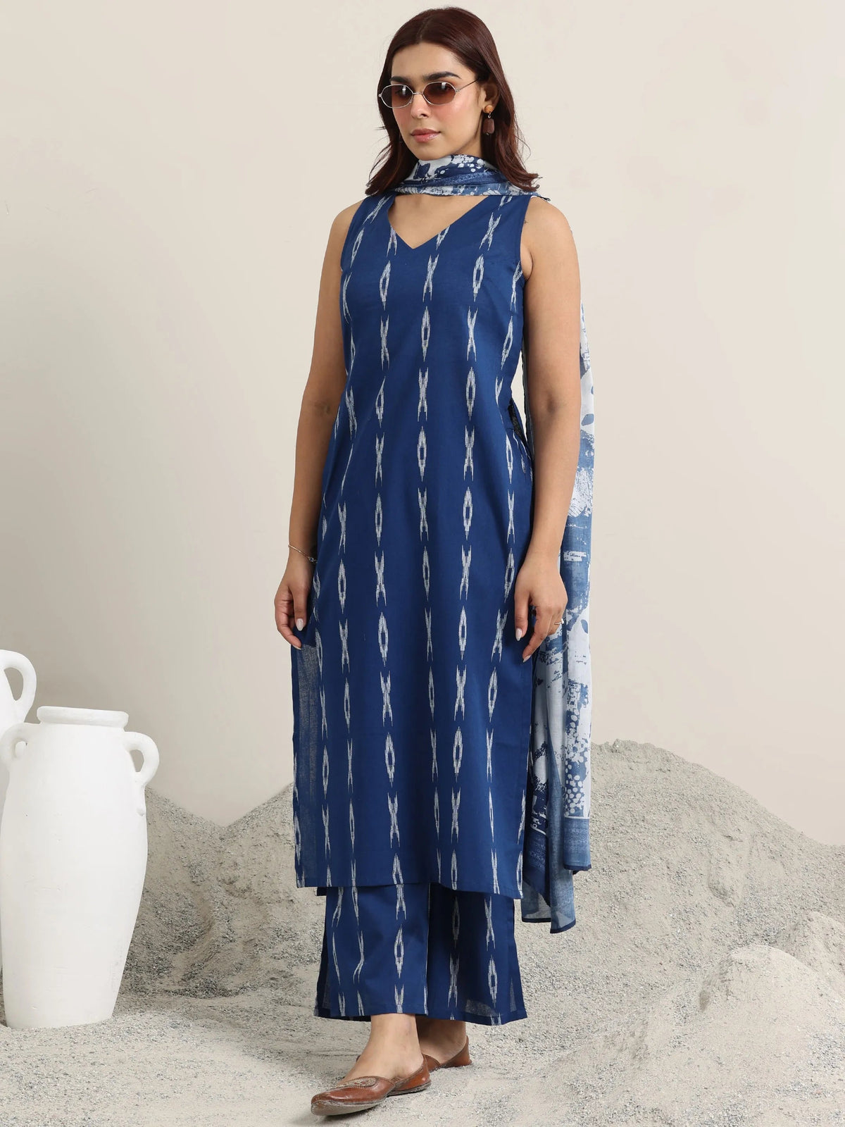 Libas Blue Woven Design Cotton Straight Suit With Dupatta