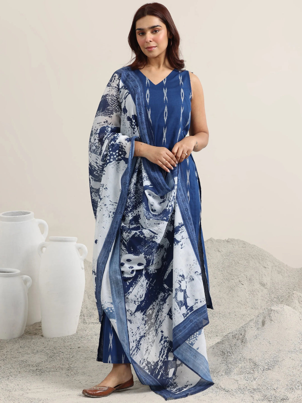 Libas Blue Woven Design Cotton Straight Suit With Dupatta