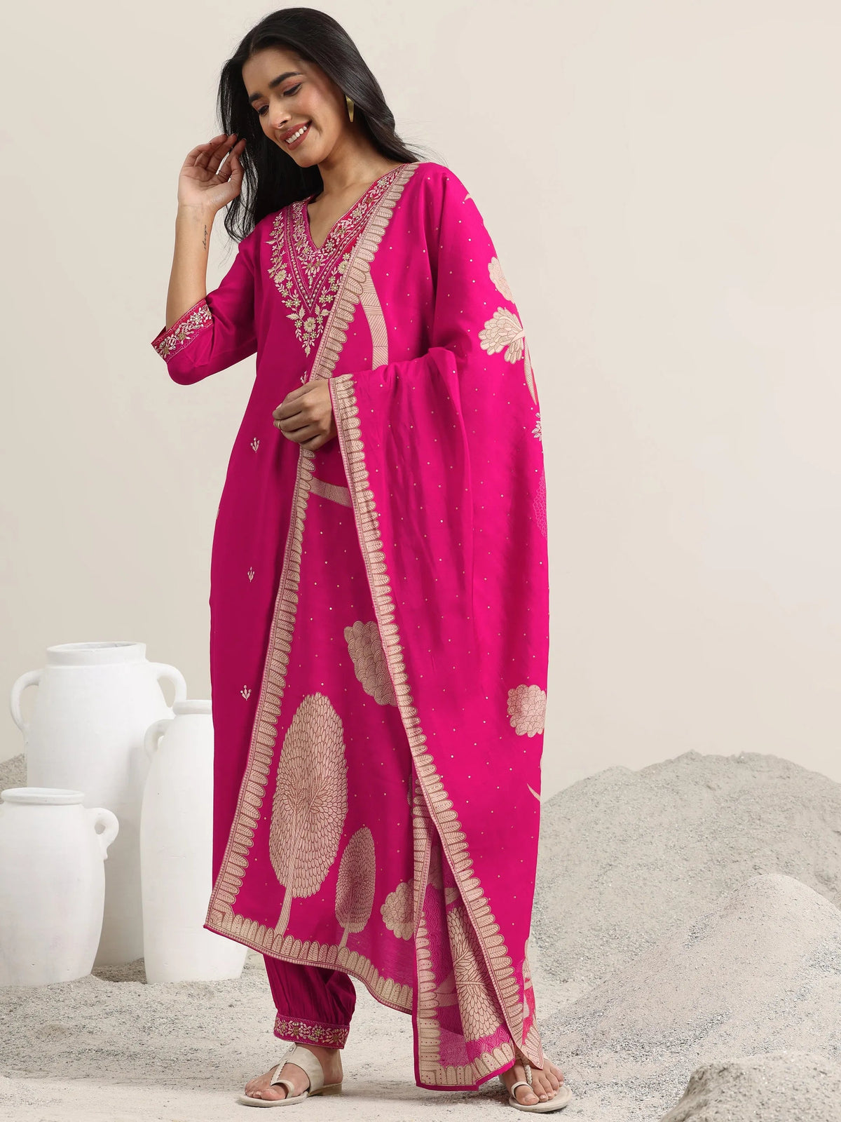 Libas Pink Embroidered Rayon Straight Suit With Dupatta