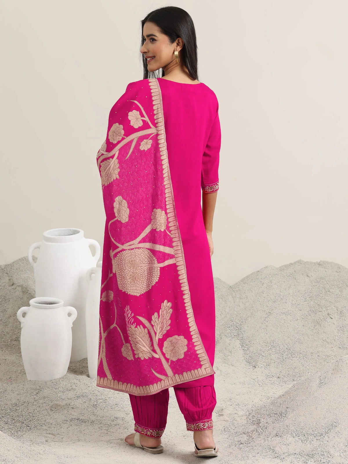Libas Pink Embroidered Rayon Straight Suit With Dupatta