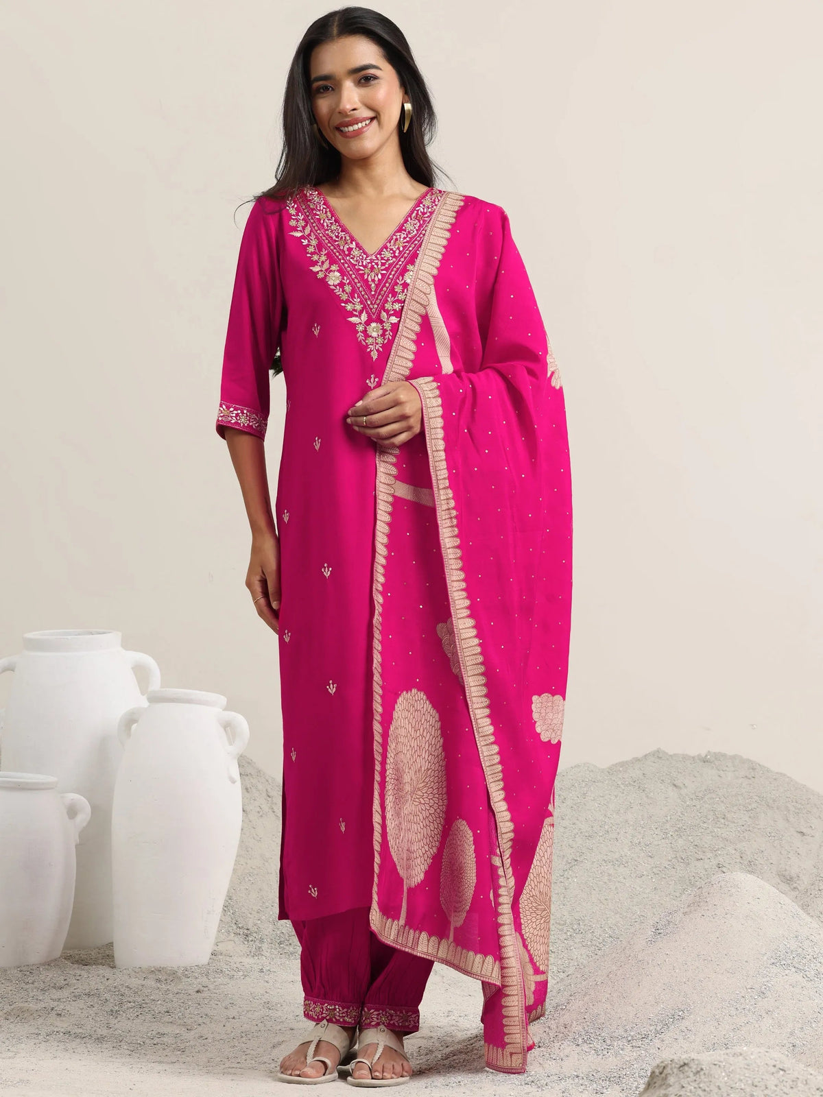 Libas Pink Embroidered Rayon Straight Suit With Dupatta