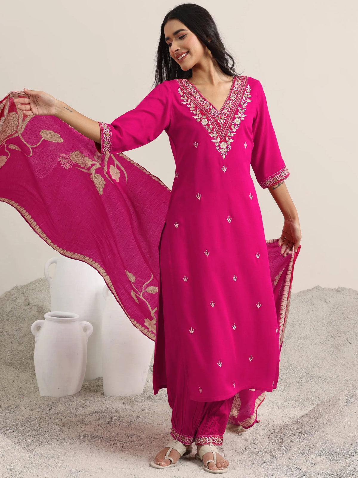 Libas Pink Embroidered Rayon Straight Suit With Dupatta