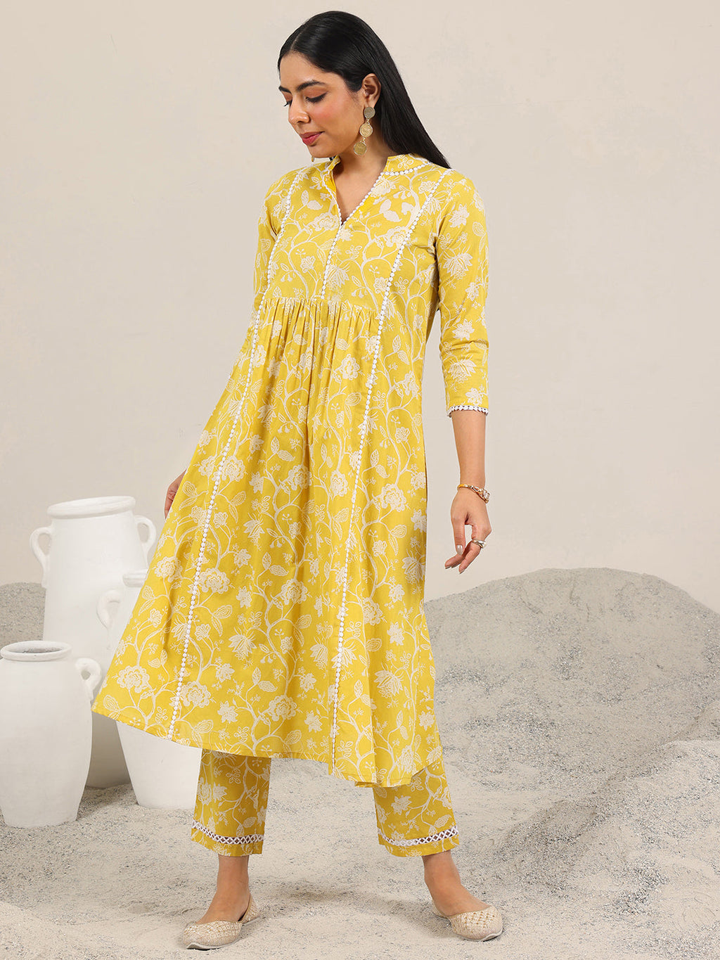 Libas Yellow Printed Pure Cotton Straight Kurta Set