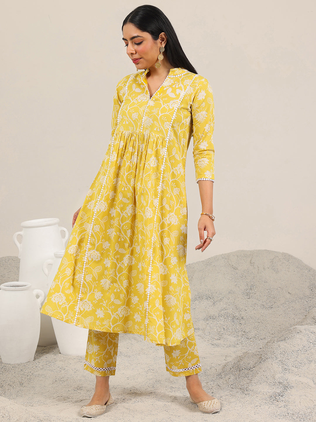 Libas Yellow Printed Pure Cotton Straight Kurta Set