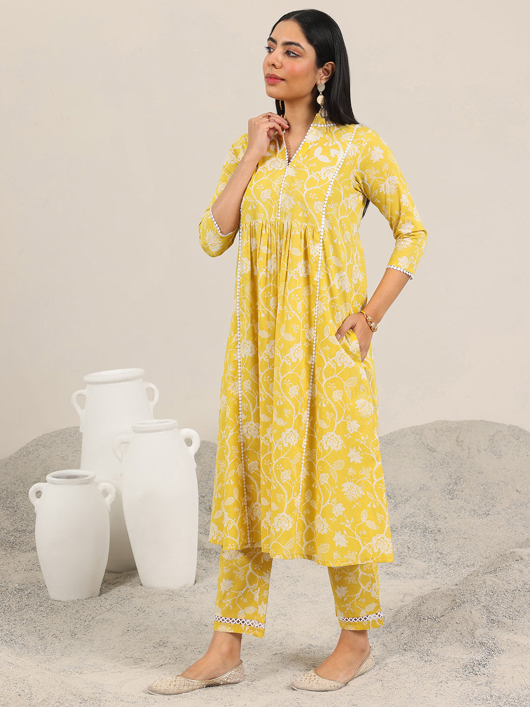 Libas Yellow Printed Pure Cotton Straight Kurta Set