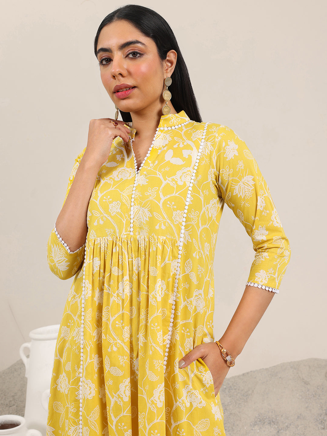 Libas Yellow Printed Pure Cotton Straight Kurta Set