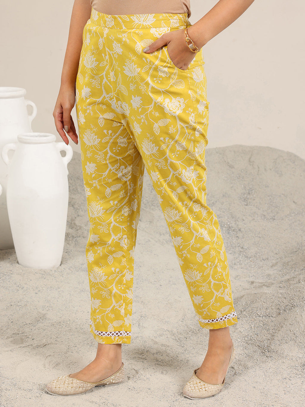 Libas Yellow Printed Pure Cotton Straight Kurta Set